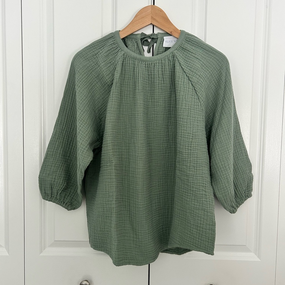 Alice Walk Soft Gauze Peasant Top in Sage Green (M)